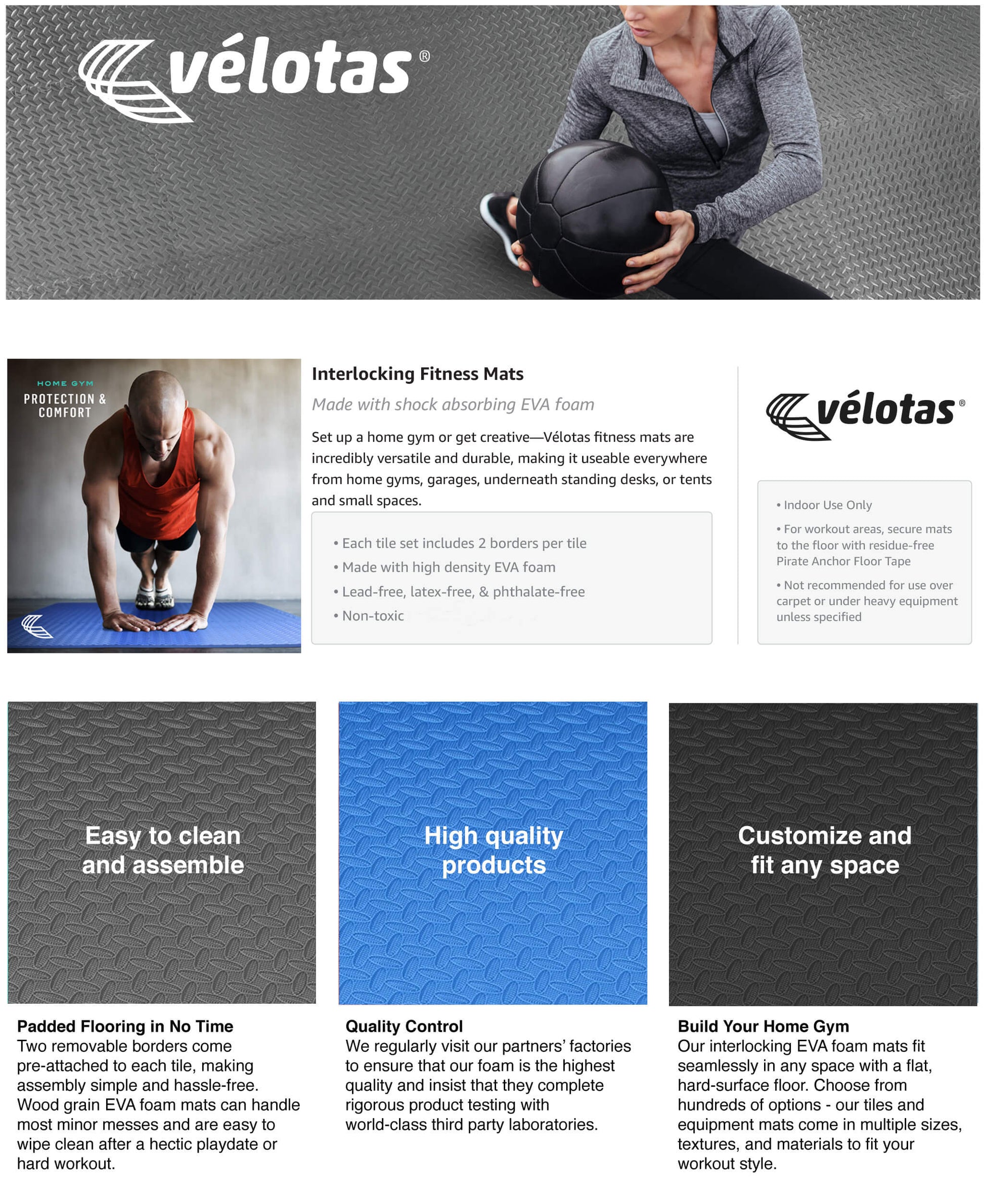 24 x 24 x 1/2 Thick VÉLOTAS Fitness Mats